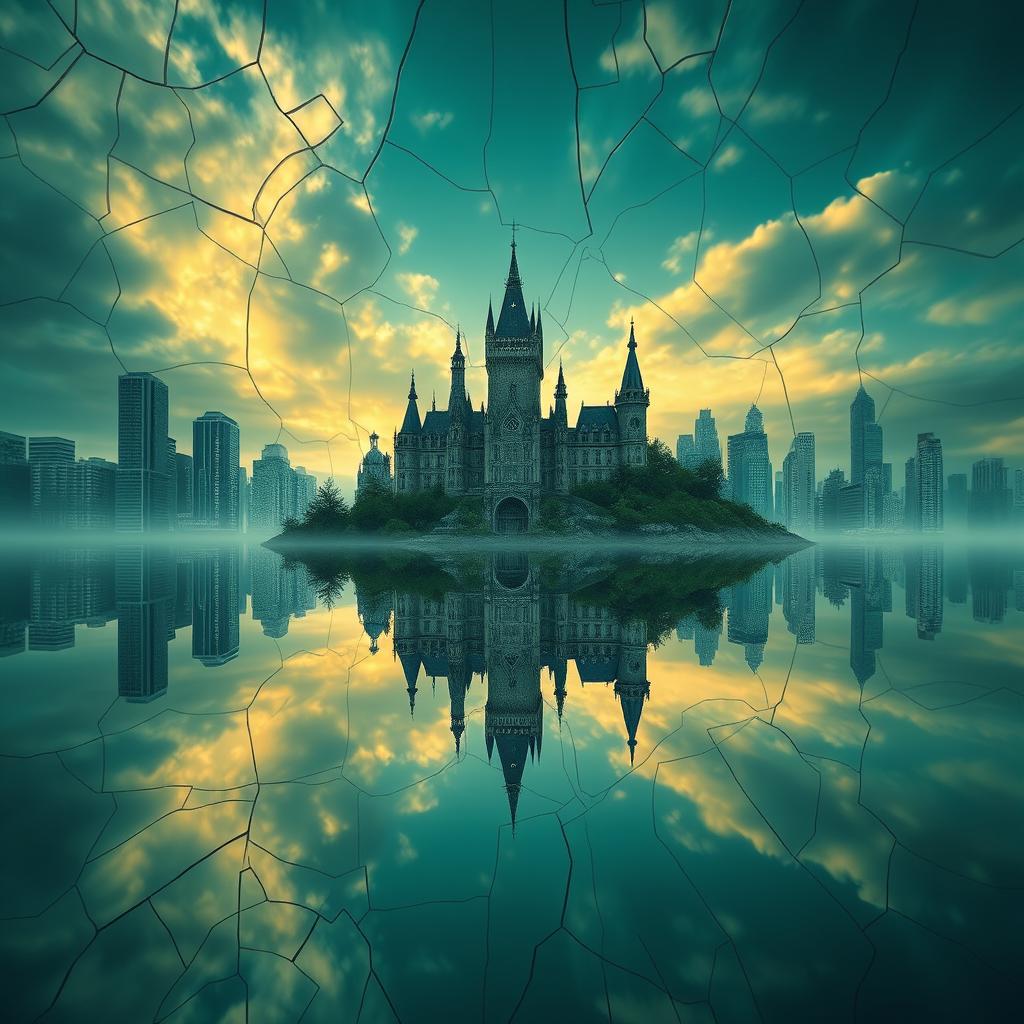 A very enchanted and magical scene featuring an original enchanted castle, with a mirror reflection of the castle on the water below