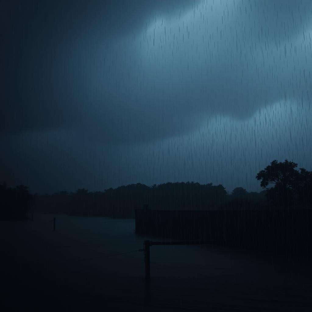 A dramatic scene depicting a heavy downpour of rain with floods flowing through a dark environment