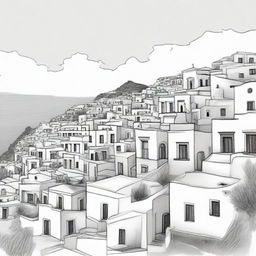 An outline-only pencil sketch of the picturesque Santorino, Greece, focusing on the outline of its architectural design and scenic beauty.