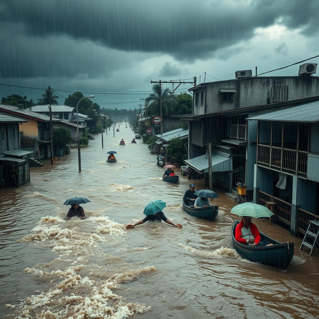A dramatic scene of a heavy rainstorm causing a flood, with dark clouds overhead pouring rain