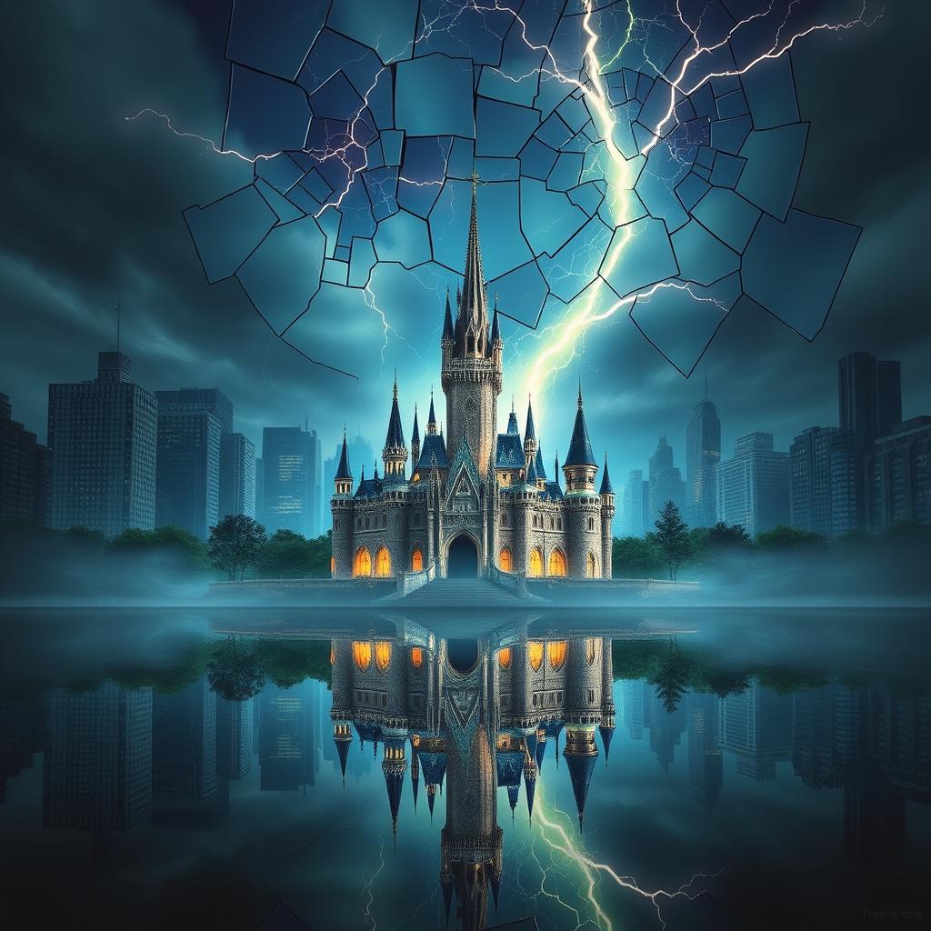 A breathtaking enchanted castle, very magical and original, set against a backdrop of big New York buildings