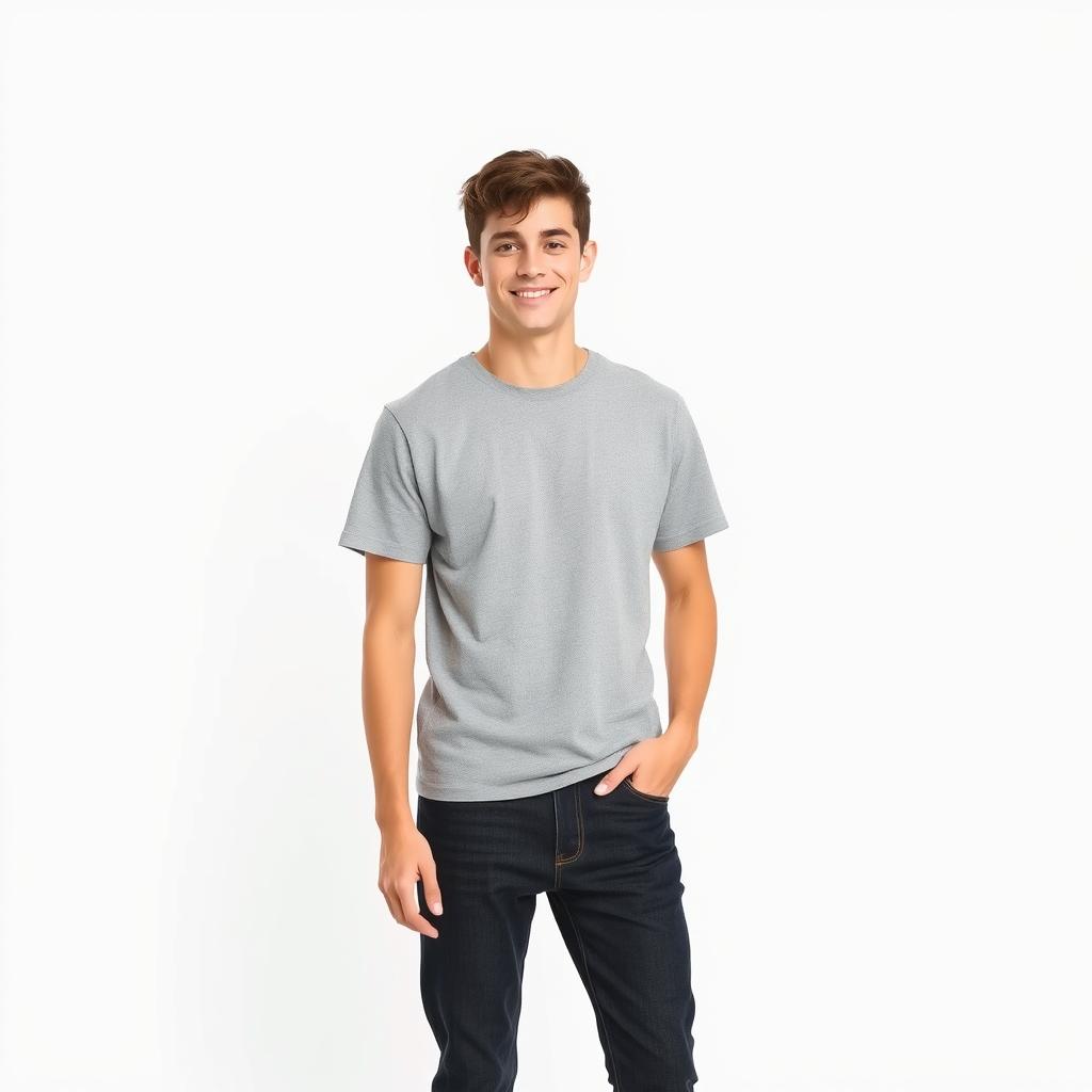 A casual and stylish young adult male model standing in a relaxed pose, wearing a comfortable gray t-shirt and dark jeans