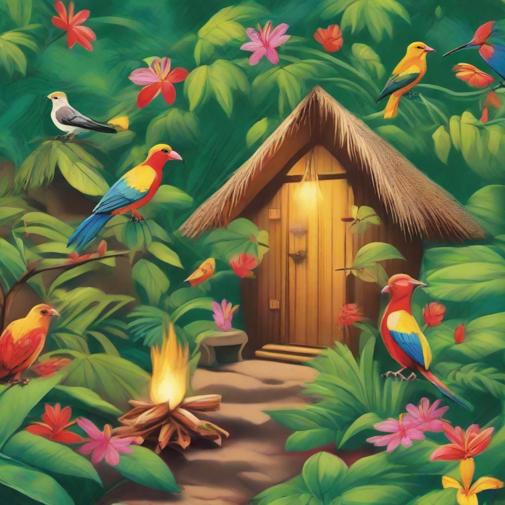 A vibrant jungle filled with traditional huts, a tabby fire bird flitting from house to house, distributing fire, and joy-filled natives expressing gratitude for the illumination.