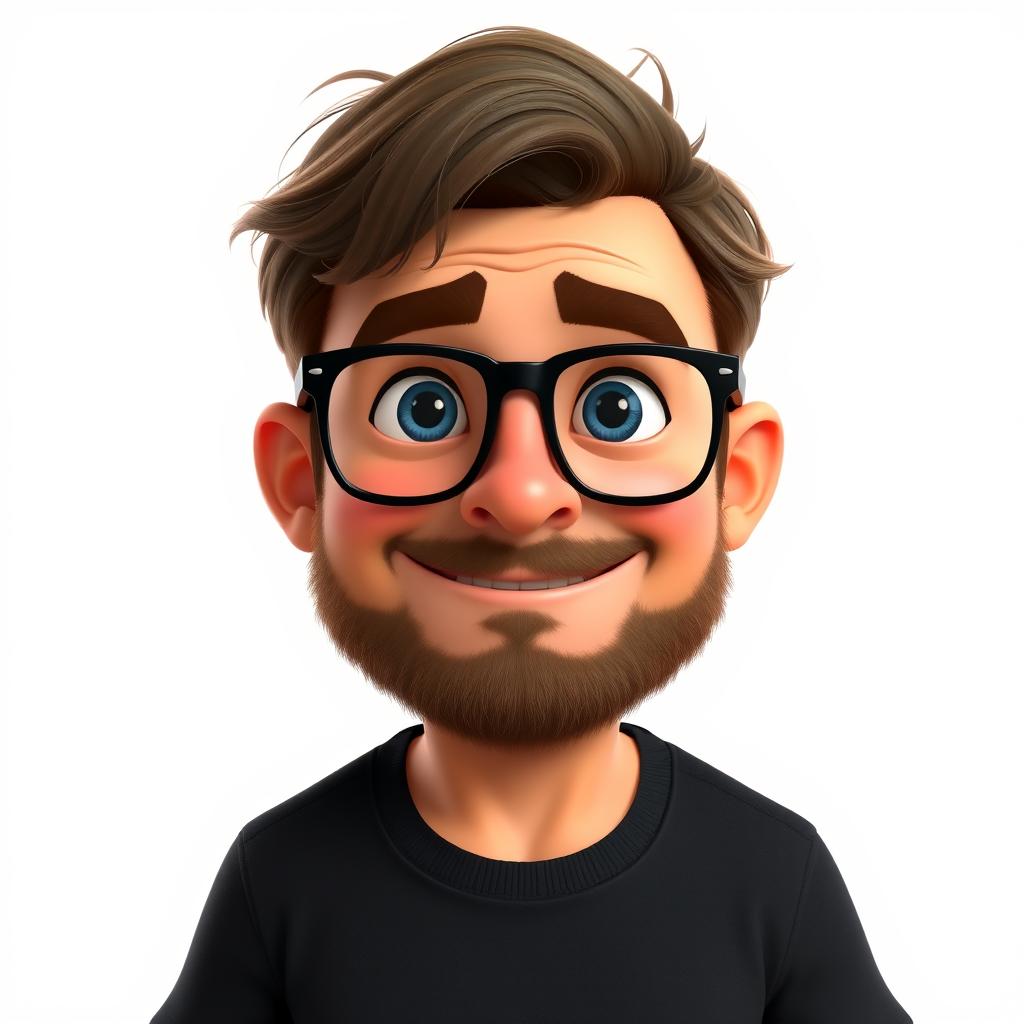 A full-body shot of a Pixar-style character depicting a friendly man in his 40s