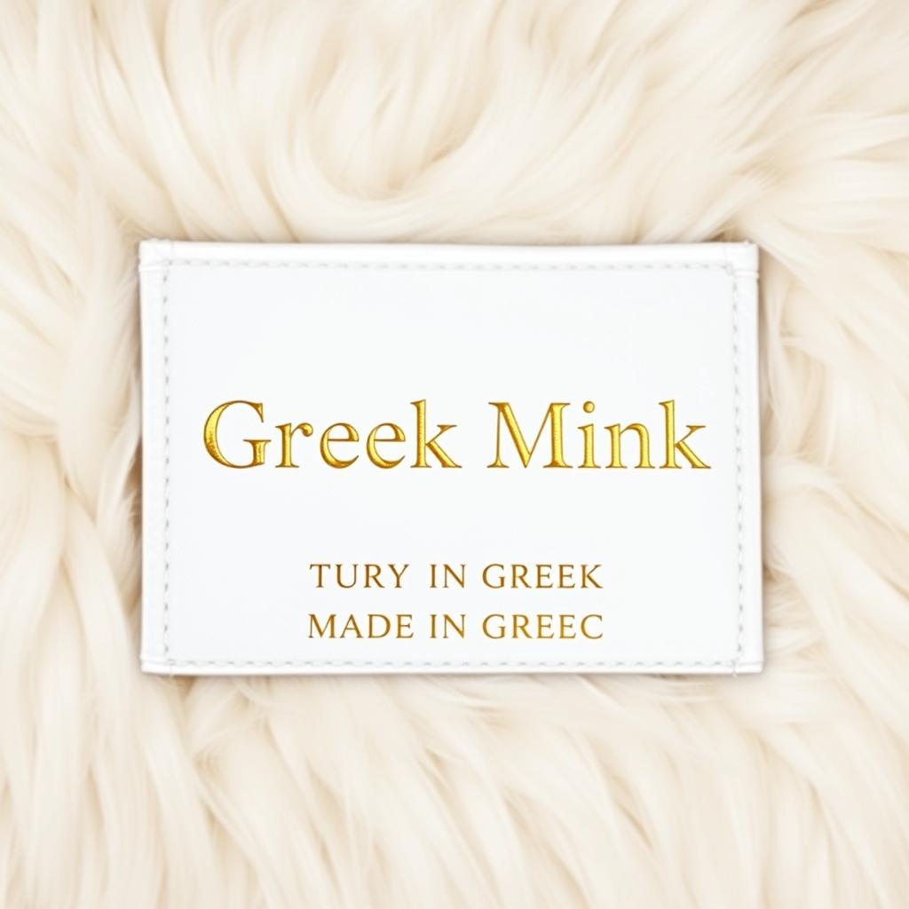 A luxurious label design for Greek Mink fur coats, featuring a pristine white background with elegant golden text for the brand name 'Greek Mink'
