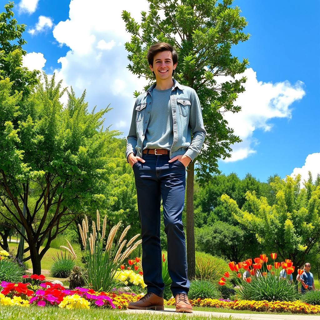 A tall, confident person standing in a vibrant outdoor setting, surrounded by lush green trees and colorful flowers