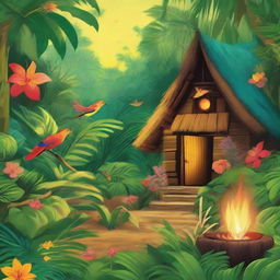 A vibrant jungle filled with traditional huts, a tabby fire bird flitting from house to house, distributing fire, and joy-filled natives expressing gratitude for the illumination.