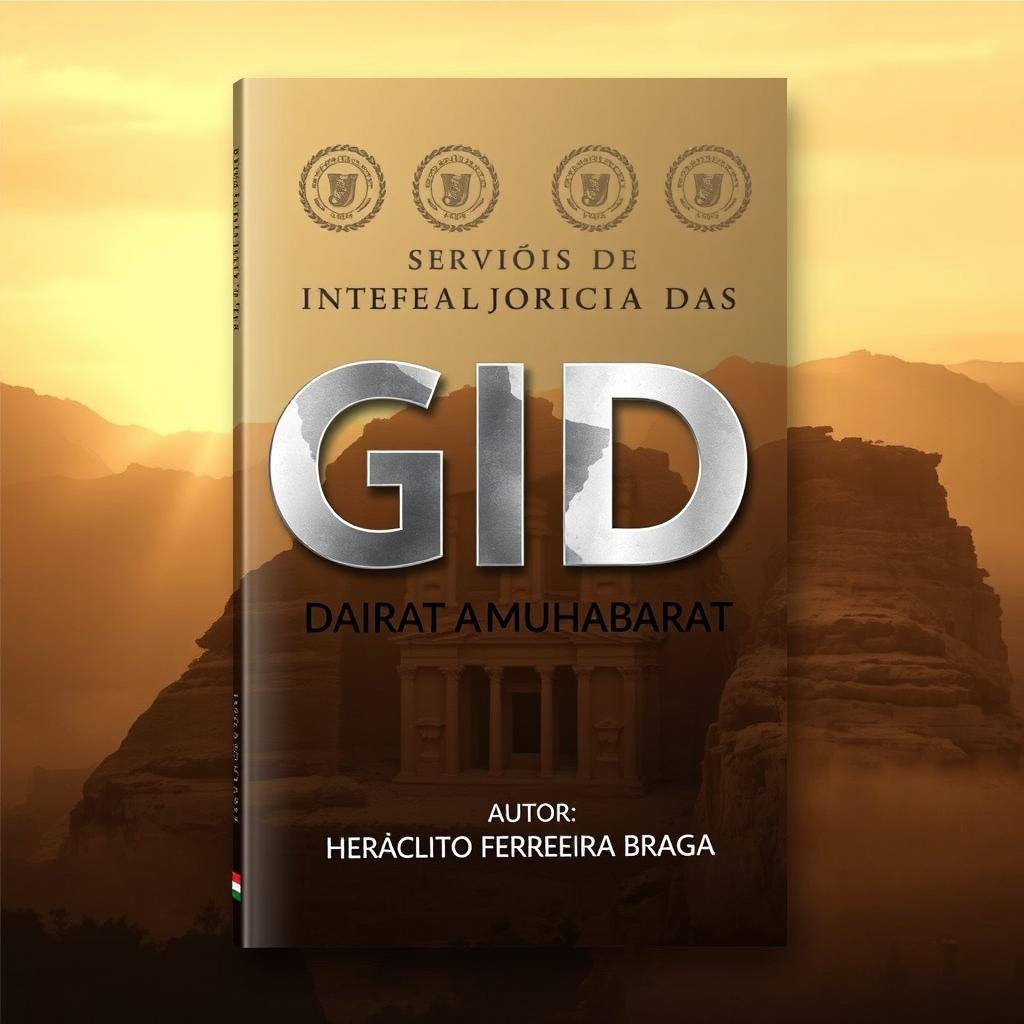 A striking book cover design for 'SERVIÇOS DE INTELIGÊNCIA DA JORDÂNIA – GID - DAIRAT AL-MUKHABARAT (دائرة المخابرات العامة)', featuring a dramatic sepia-toned photograph of an ancient Jordanian fortress like Petra at dawn, shrouded in mist