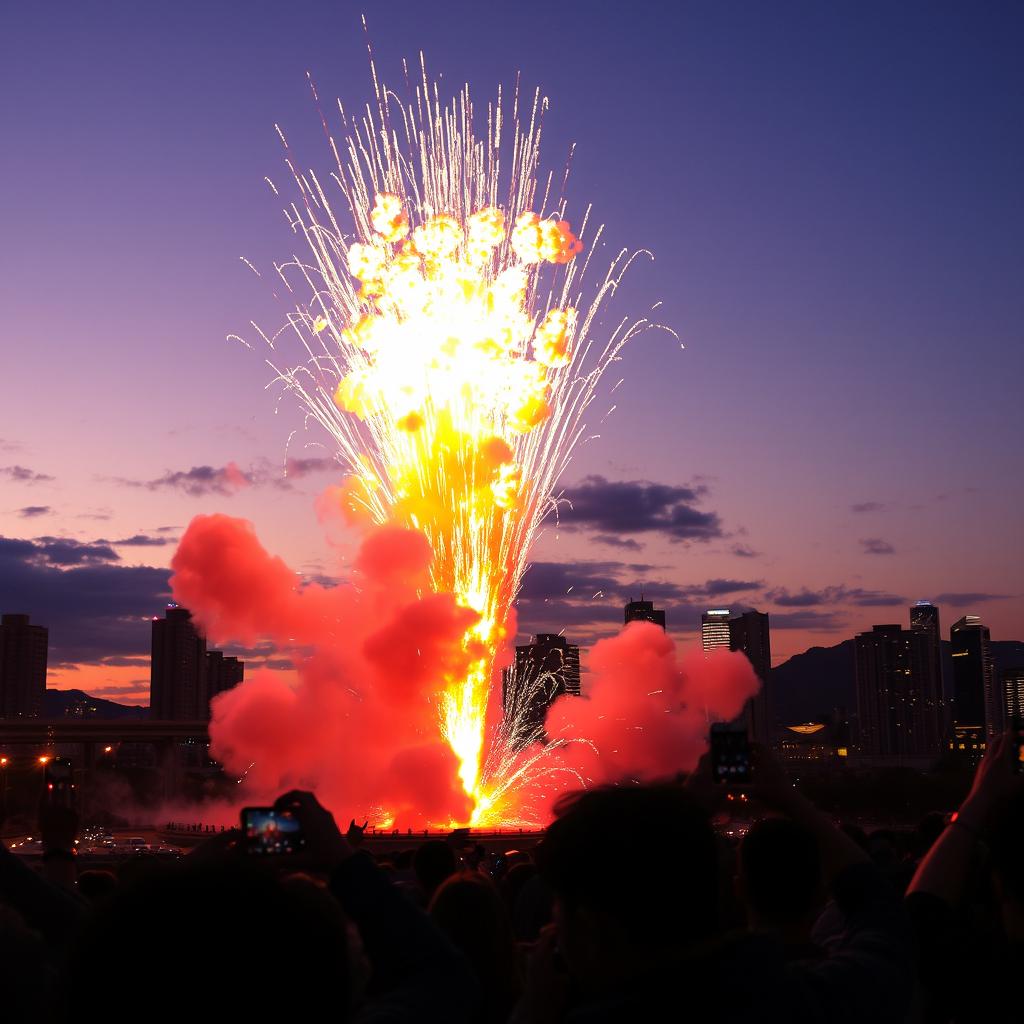 A dramatic scene featuring an explosive event, where vibrant, colorful flames and smoke burst into the sky