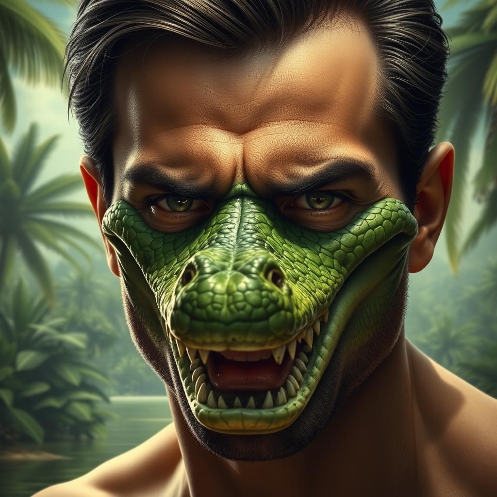 A surreal artwork featuring a man whose face is seamlessly transformed into a crocodile