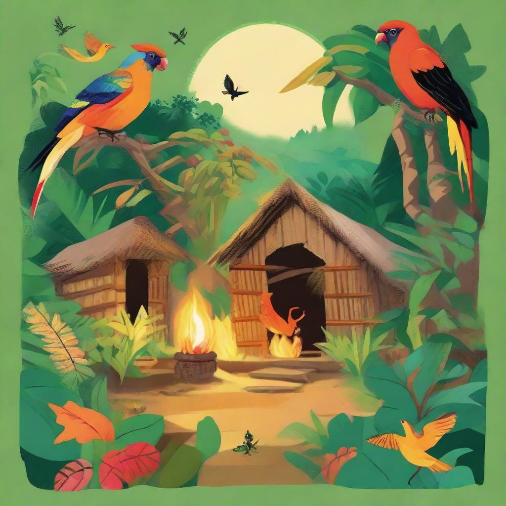 A vibrant jungle filled with traditional huts, a tabby fire bird flitting from house to house, distributing fire, and joy-filled natives expressing gratitude for the illumination.