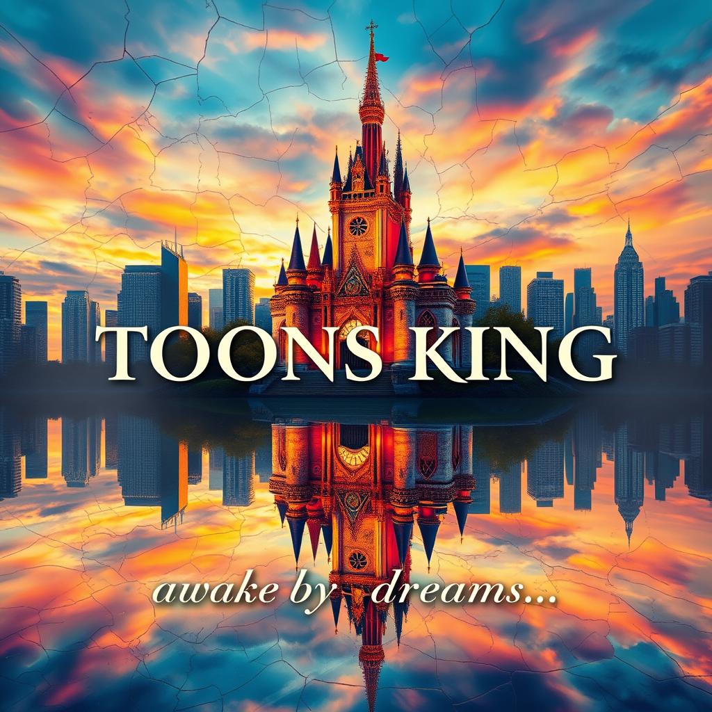 An enchanting novel cover featuring a magical, original enchanted castle at dawn, with vibrant rainbow colors