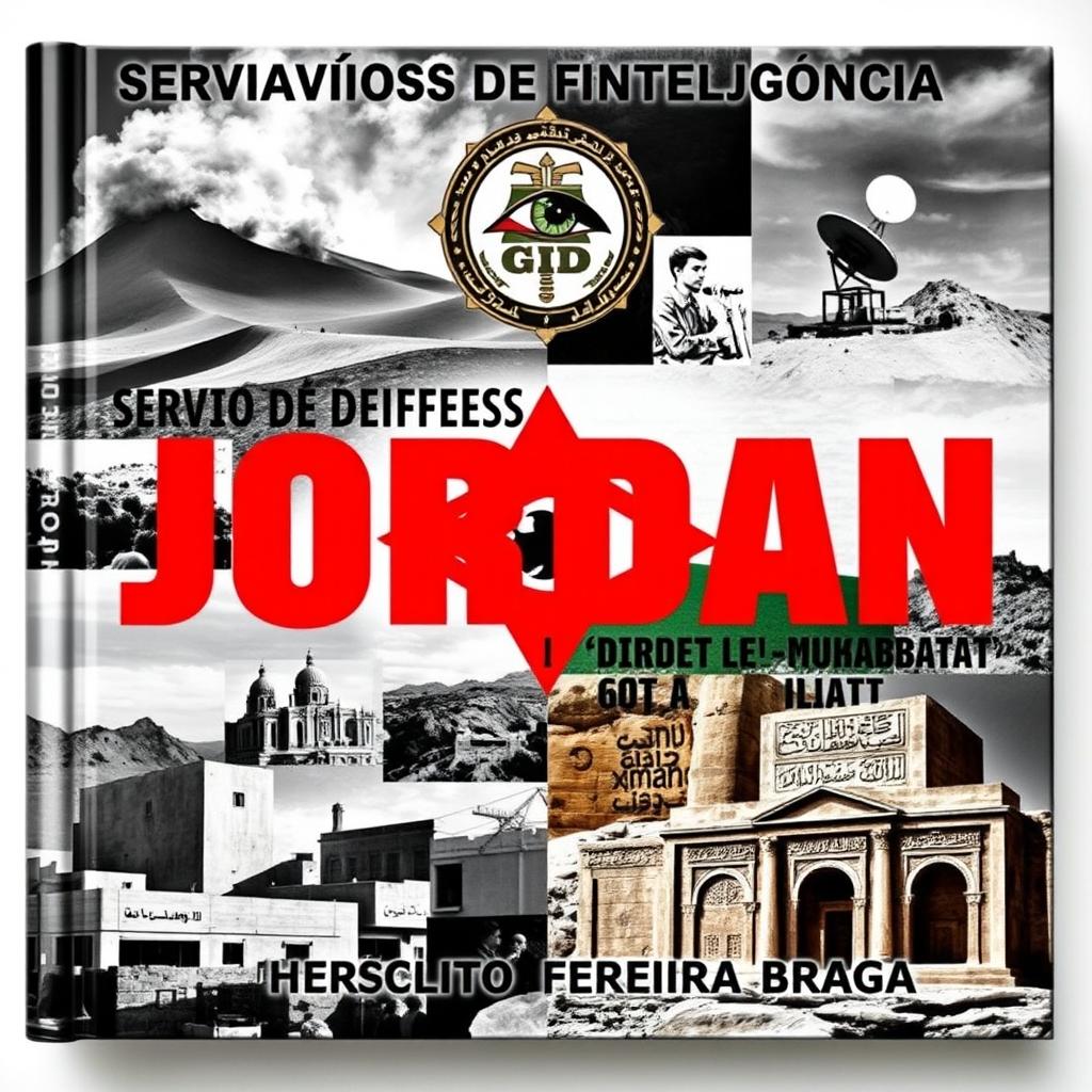 A dynamic collage background featuring a mix of black and white and saturated color photographs of contrasting Jordanian landscapes, including a vivid eye in the center of a sandstorm, modern buildings with satellite dishes, and intricate details of ancient artifacts with Arabic inscriptions