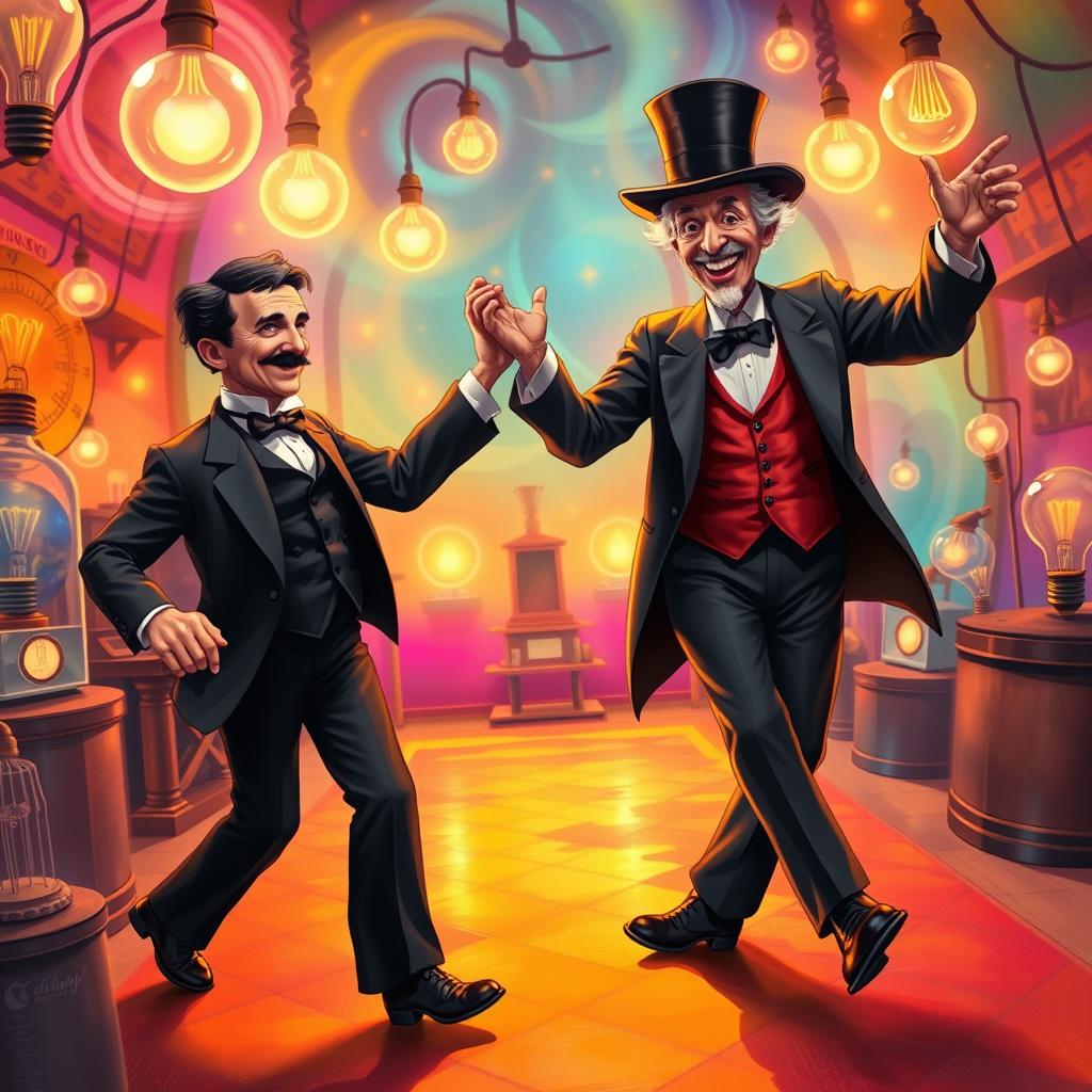 A surreal and whimsical scene depicting Nikola Tesla dancing joyfully with Thomas Edison
