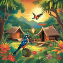 A vibrant jungle filled with traditional huts, a tabby fire bird flitting from house to house, distributing fire, and joy-filled natives expressing gratitude for the illumination.