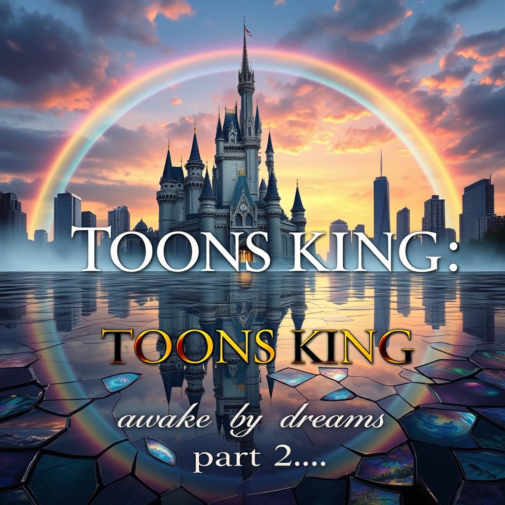 A captivating novel cover featuring an enchanting, magical castle at dawn with a vibrant rainbow arching over it