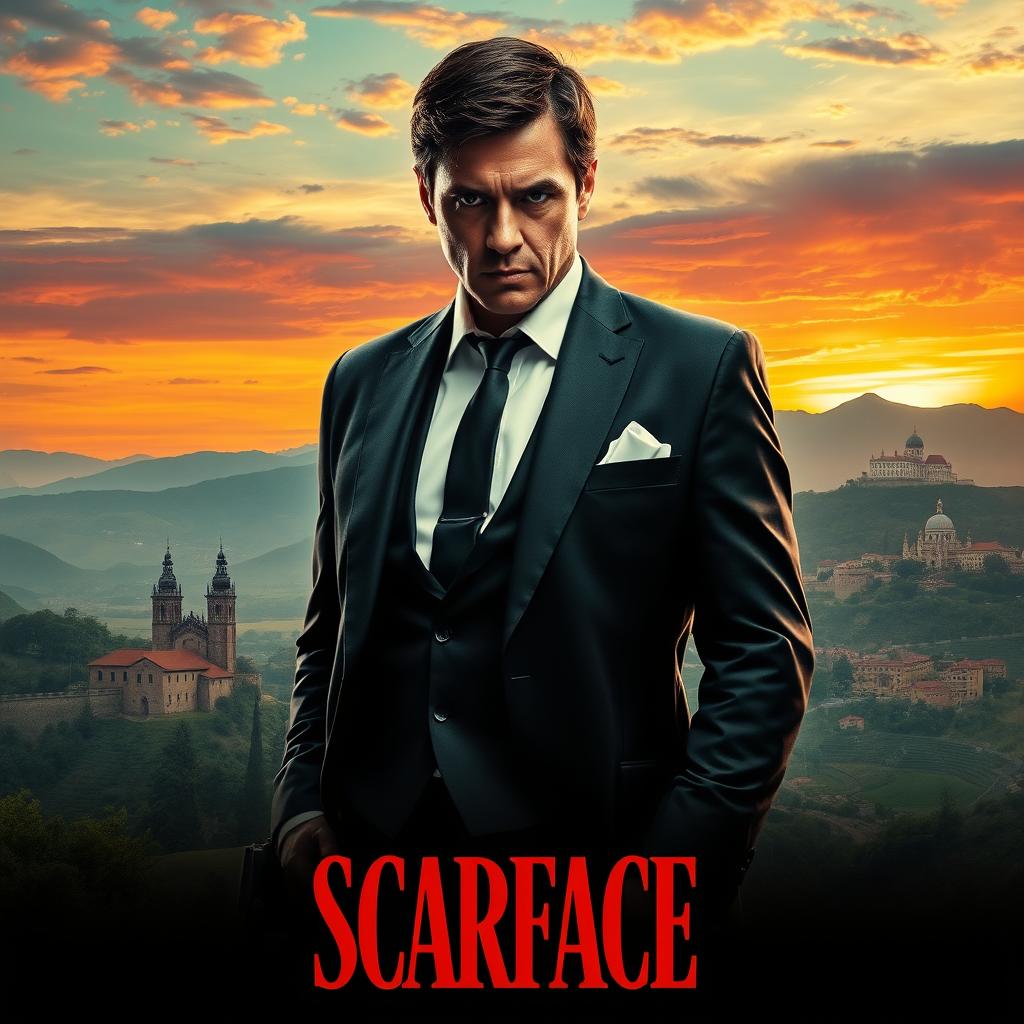 A dramatic movie poster inspired by Scarface, featuring a powerful mobster character in a sharp suit with an intense expression