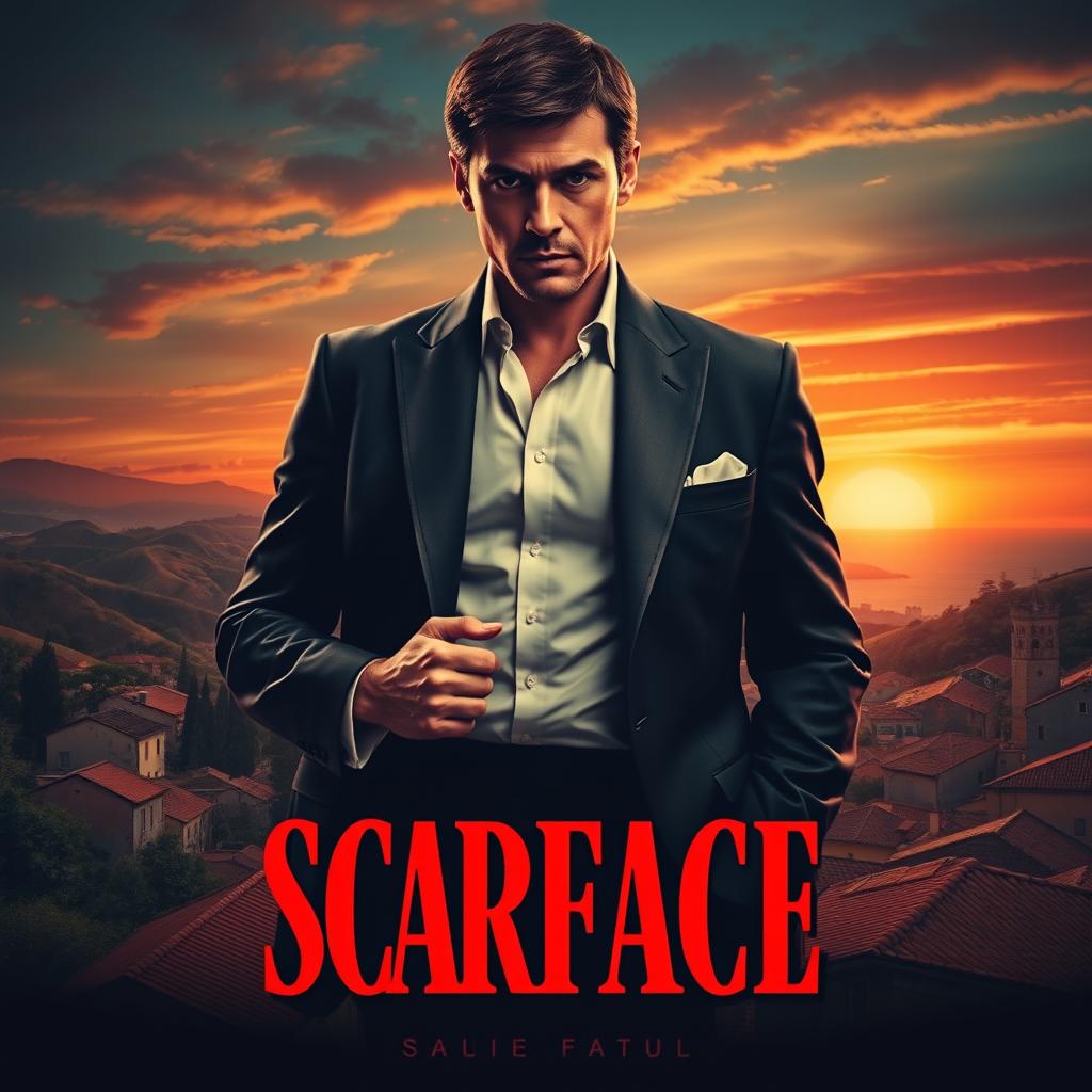 A dramatic movie poster inspired by the iconic style of Scarface, featuring a charismatic mobster figure in a tailored suit, showcasing a confident pose