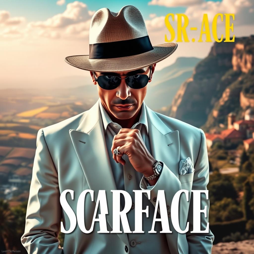 A cinematic movie poster inspired by Scarface featuring a mobster in a stylish white suit and a classic Panama hat, adorned with a flashy finger ring