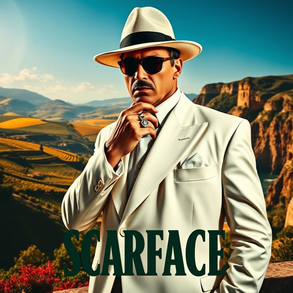 A cinematic movie poster featuring a mobster in a stylish white suit and a classic Panama hat, adorned with a flashy finger ring