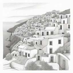 A light pencil outline drawing showcasing the key elements of Santorino, Greece, subtly capturing its idyllic scenery.