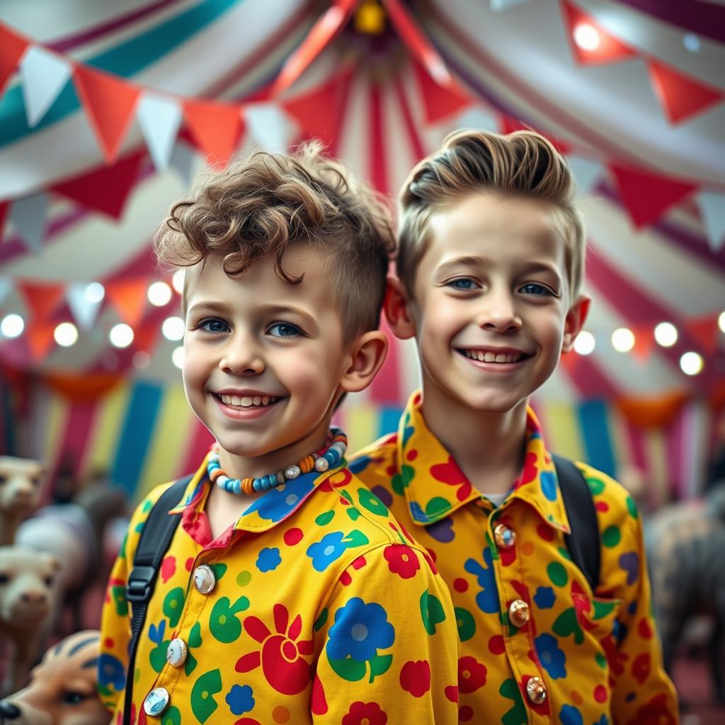 Two 19-year-old Croatian twin boys living in a circus, showcasing their vibrant circus attire with colorful patterns, smiling and engaging with the circus environment filled with festive decorations, bright lights, and circus animals