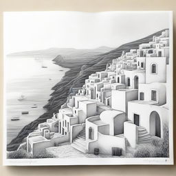 A light pencil outline drawing showcasing the key elements of Santorino, Greece, subtly capturing its idyllic scenery.