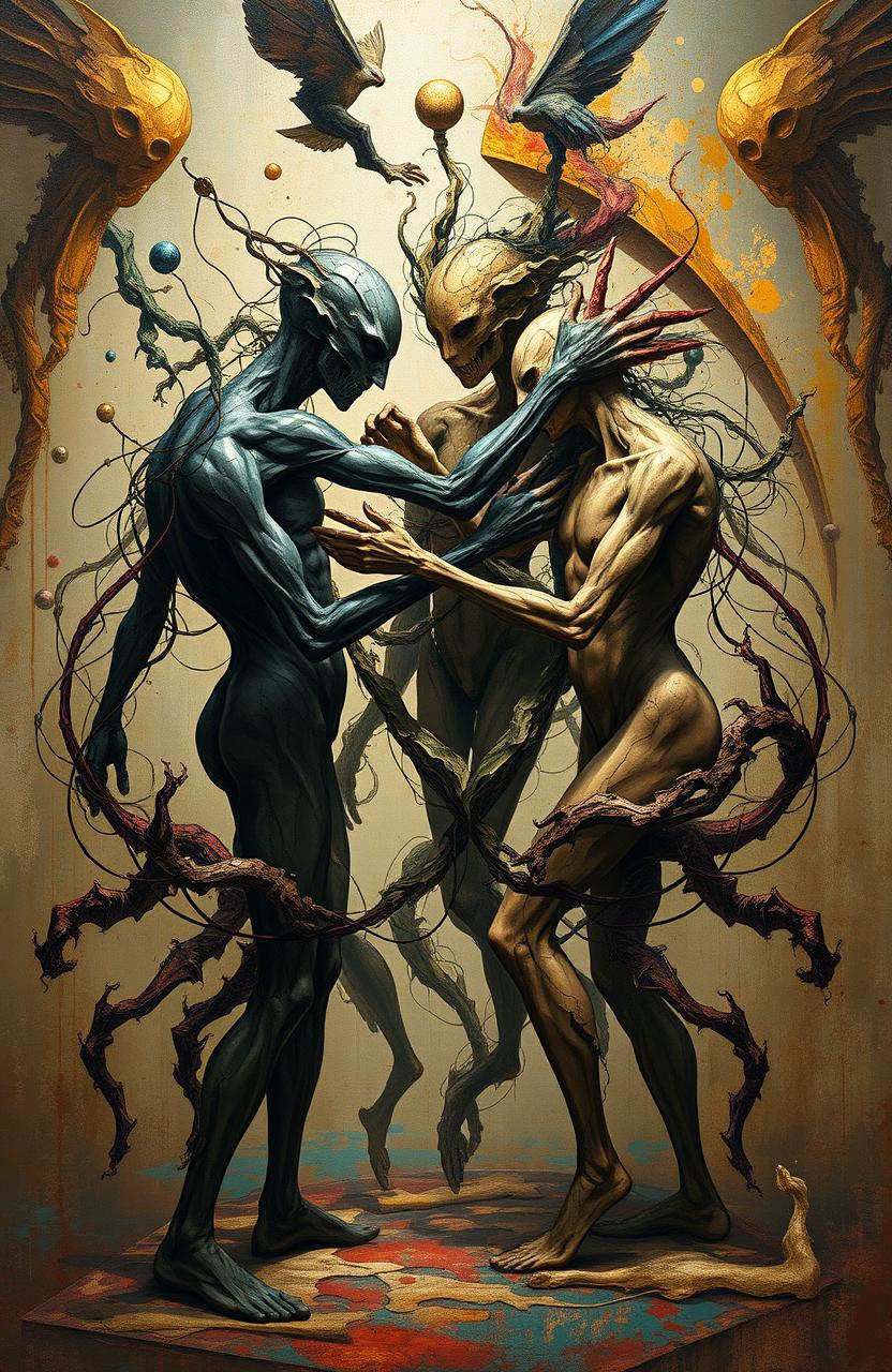 A captivating artwork representing the concept of manipulation, featuring abstract figures entangled in various shapes and colors, showing a dynamic interaction between the entities
