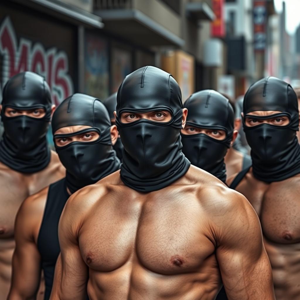 A group of men wearing identical black masks that cover their scalps, eyes, and noses