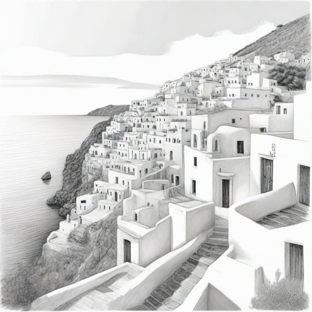 A light pencil outline drawing showcasing the key elements of Santorino, Greece, subtly capturing its idyllic scenery.