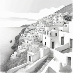 A light pencil outline drawing showcasing the key elements of Santorino, Greece, subtly capturing its idyllic scenery.