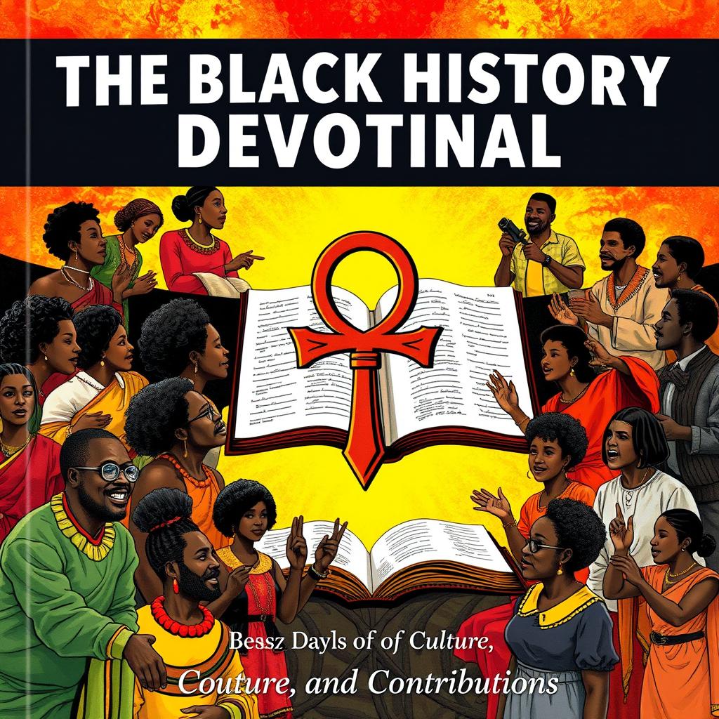 A vibrant and meaningful illustration for a book cover titled 'The Black History Devotional: 365 Days of Culture, Courage, and Contributions'