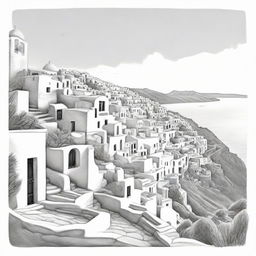 A light pencil outline drawing showcasing the key elements of Santorino, Greece, subtly capturing its idyllic scenery.