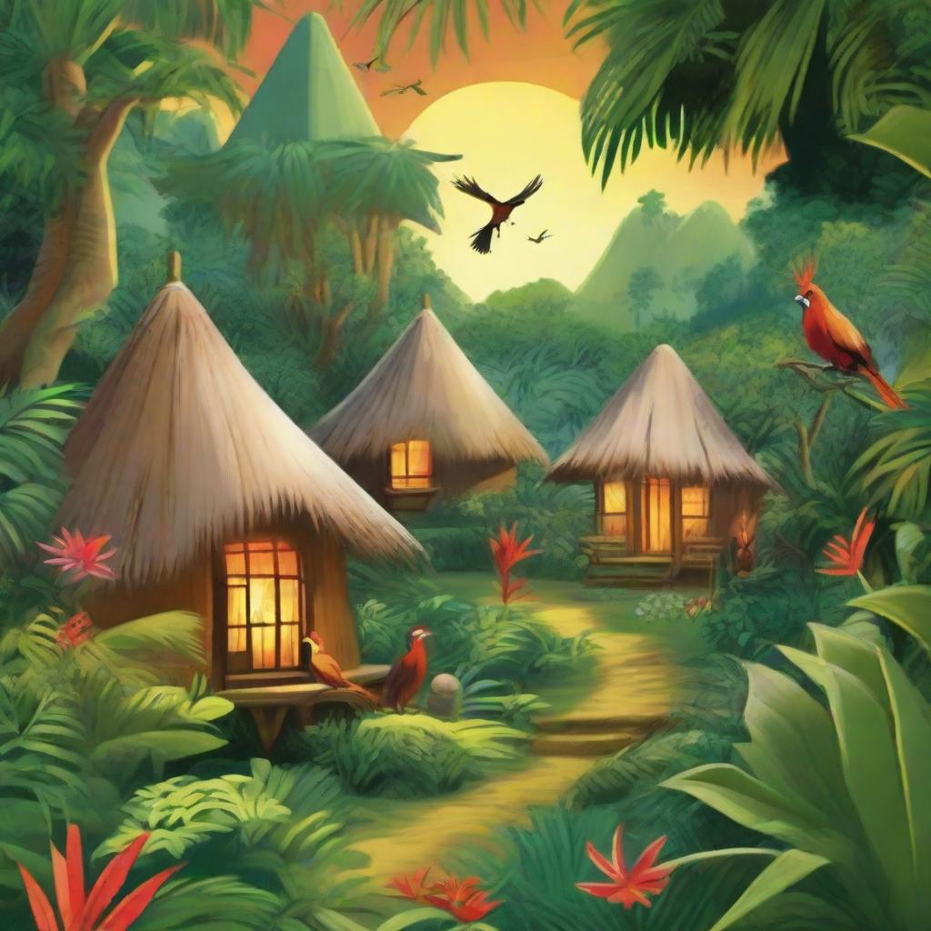 A lush jungle backdrop featuring traditional huts, where a little firebird is distributing fire to each dwelling. Cheerful natives are standing in their doorways, watching with joy as the firebird lights their homes.