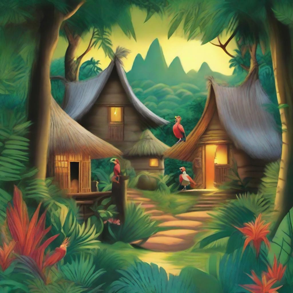 A lush jungle backdrop featuring traditional huts, where a little firebird is distributing fire to each dwelling. Cheerful natives are standing in their doorways, watching with joy as the firebird lights their homes.