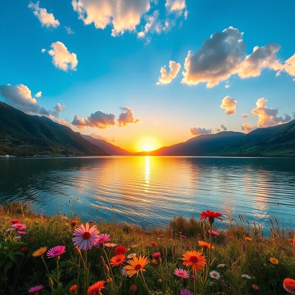 A vibrant landscape of a serene lake surrounded by lush green mountains under a clear blue sky, with fluffy white clouds scattered overhead