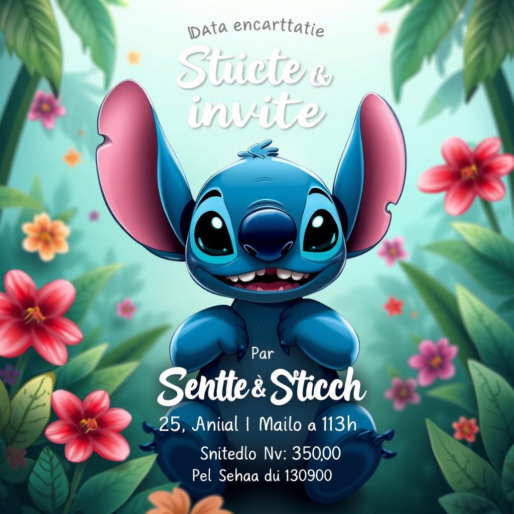 Um convite encantador para uma festa temática de Stitch e Angel, com a data marcada para 25 de Maio, das 10h às 13h, a ser realizado no Bosque dos Pirilampos