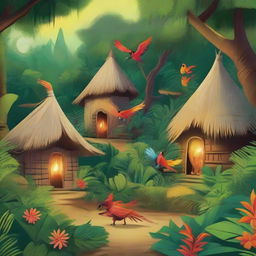 A lush jungle backdrop featuring traditional huts, where a little firebird is distributing fire to each dwelling. Cheerful natives are standing in their doorways, watching with joy as the firebird lights their homes.