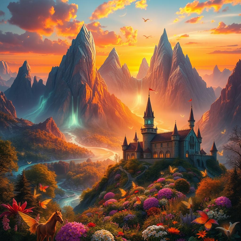 A stunning fantasy landscape with towering crystalline mountains under a vibrant sunset sky, featuring glowing rivers that meander through lush, enchanted forests filled with mythical creatures like fairies and unicorns
