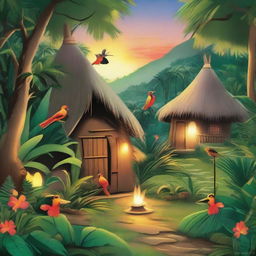 A lush jungle backdrop featuring traditional huts, where a little firebird is distributing fire to each dwelling. Cheerful natives are standing in their doorways, watching with joy as the firebird lights their homes.