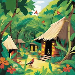 A vibrant jungle scene dotted with traditional huts, where a petite fire bird graciously bestows fire upon each house. Joyful natives stand in the doorways of their homes, expressing their happiness.