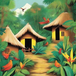 A vibrant jungle scene dotted with traditional huts, where a petite fire bird graciously bestows fire upon each house. Joyful natives stand in the doorways of their homes, expressing their happiness.