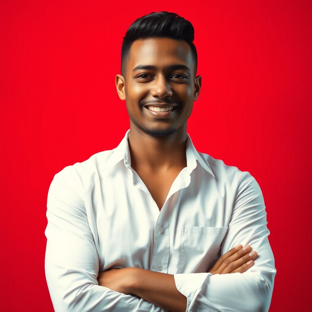 A portrait of a stylish person wearing a white shirt, standing confidently with their arms crossed against a vibrant red background