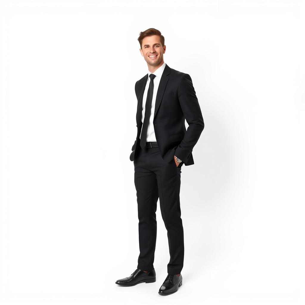A stylish man in formal attire, standing confidently with a white background