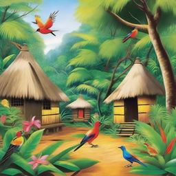 A vibrant jungle scene dotted with traditional huts, where a petite fire bird graciously bestows fire upon each house. Joyful natives stand in the doorways of their homes, expressing their happiness.