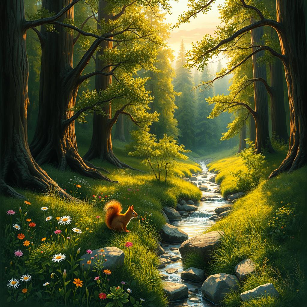 A detailed realistic digital oil painting of a lush green forest during the golden hour, with sunlight filtering through the trees, casting dappled shadows on the forest floor
