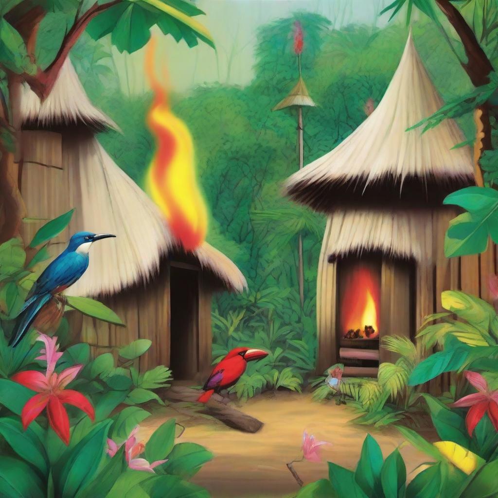 A vibrant jungle scene dotted with traditional huts, where a petite fire bird graciously bestows fire upon each house. Joyful natives stand in the doorways of their homes, expressing their happiness.