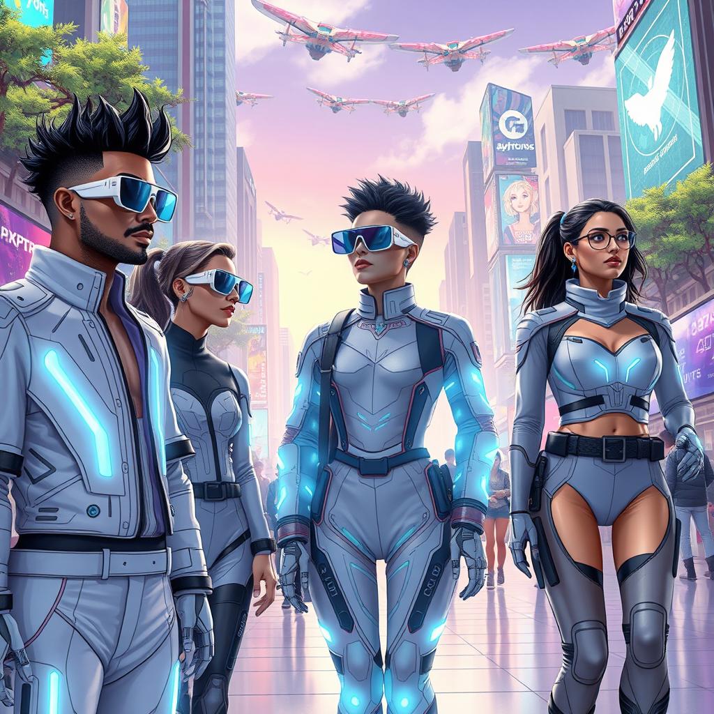 A futuristic vision of humans 20 years from now, showcasing advanced fashion trends and technology integration into everyday life