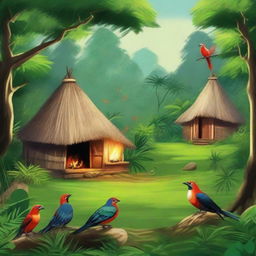 Depict a lush, verdant jungle filled with traditional huts. A small fire bird is actively distributing fire to these huts while the happy natives are watching with delight.