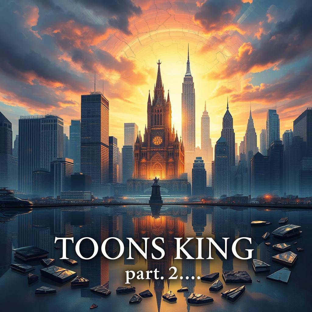 A captivating novel cover illustration depicting a bustling New York skyline with towering skyscrapers